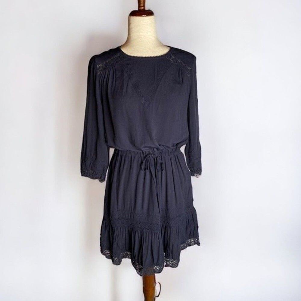 Maje Ronsard Crepe Lace Panel Cotton Shift Mini Dress in Nuit 2 French Peasant